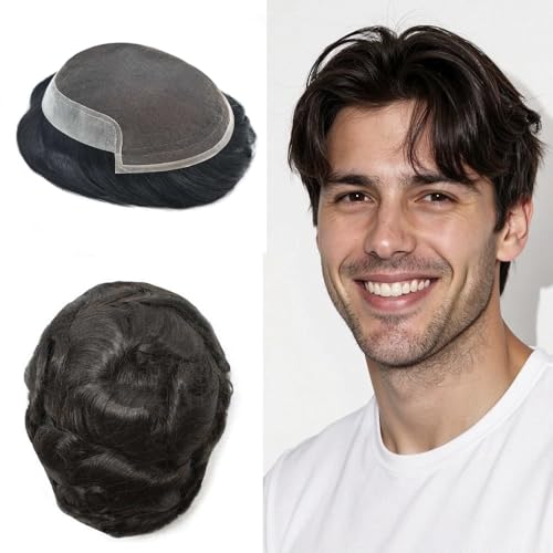 LYRICAL HAIR French Lace Front Human Hair System for Men Poly Skin Toupee for Men Natural Hairline Breathable Lace Hair Piece #1B Off Black-100% density, 8"X10"