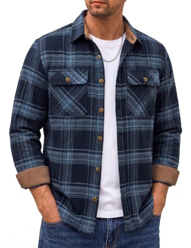 Image of Cotrasen Mens Flannel Shirts Cotton Plaid Button Down Shirt | Long Sleeve, Corduroy Collared, Soft,Breathable, Work, Western, Trendy, Casual Classic Flannel Shirt with Pocket