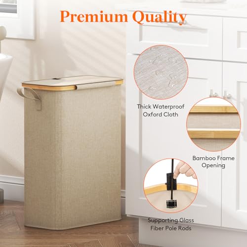 Lifewit 50L Slim Laundry Basket, Laundry Hamper with Lid, Narrow Laundry Bin with Removable Bag & Bamboo Handles, Fodable Thin Dirty Clothes Hamper for Bathroom Bedroom Dorm,Beige by Lifewit - Image 7