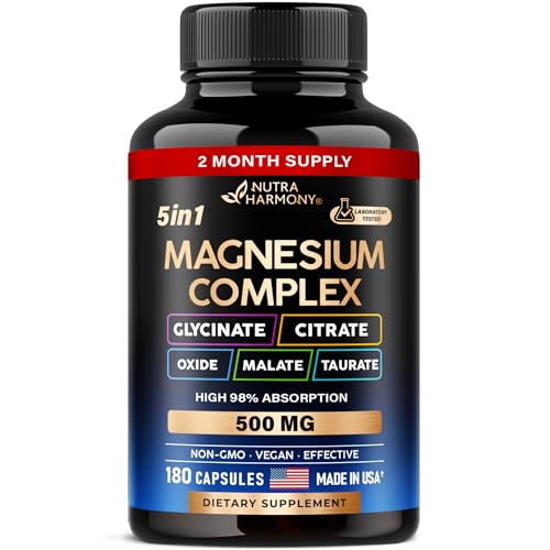 Magnesium Supplement - 5 in 1 Complex 500 mg | Glycinate | Citrate | Malate | Taurate | Oxide - Made in USA - Stress, Muscle & Heart Support - Vegan, Natural, Non-GMO - 180 Capsules, 2 Month Supply