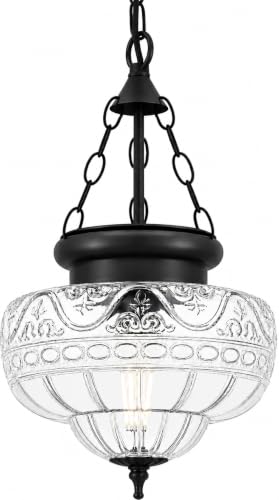 Vintage Pendant Light, Matte Black Pendant Lights Kitchen Island with Unique Thickened Glass, Hanging Lighting Fixtures with Adjustable Chain, Chandelier for Kitchen, Island, Dining Room, Entryway