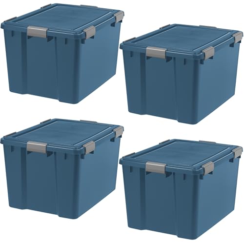 Image of IRIS USA WeatherPro 74 Qt Eco-Friendly Storage Bins with Lids, 4 Pack, BPA-Free Plastic Gasket Box with Tight Latch and Seal, Stackable Nestable Tote Tub - Navy