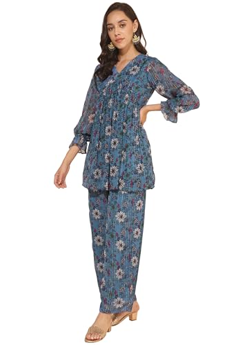 Image of Janasya Women's Chiffon Lurex Floral Printed Top with Pant
