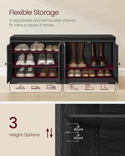 Image of VASAGLE Shoe Storage Bench with Cushion, 3-Tier Entryway Bench with Padded Seat, Doors, Adjustable Shelves, 14 x 47.6 x 20.7 Inches, for Hallway, Bedroom, Charcoal Gray and Ink Black ULSB048BA01
