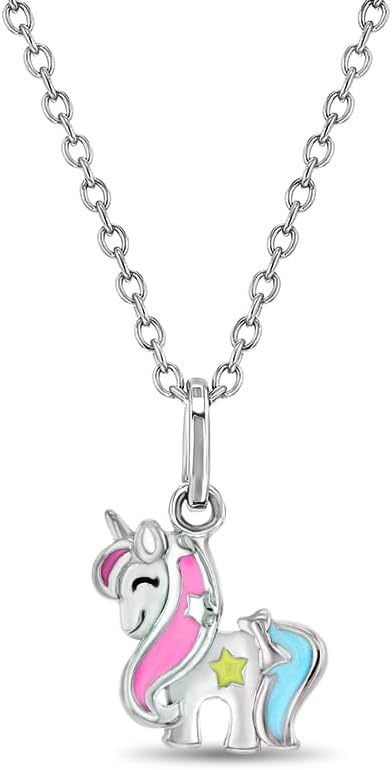 925 Sterling Silver Magical Multicolor Enamel Unicorn Star Pendant Necklace for Little Girls 16" - Enchanting Charm Pendant For Girls - Jewelry Gifts For Birthdays