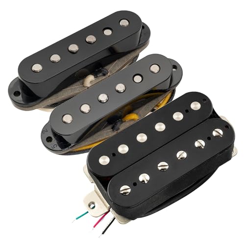 Musiclily Pro ST-TX Alnico 5 Staggered Single Coil Pickups and Uncovered Humbucker ST-HSS Neck Middle Bridge Pickups Set for Strat Style Electric Guitar, Black