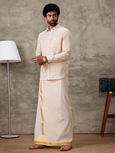 Image of RAMRAJ COTTON Men Gold Tissue Jacquard Full Sleeves Shirt with Matching Dhoti Set