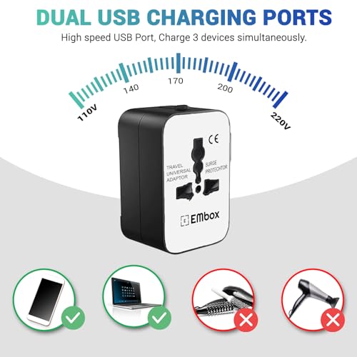 Image of Embox Universal Travel Adapter | All-in-One Worldwide Charger Adapter with Type C, USB & Type A Ports | Supports 224+ Countries | International Plug for Phone, Laptop, Gadgets (White & Black)