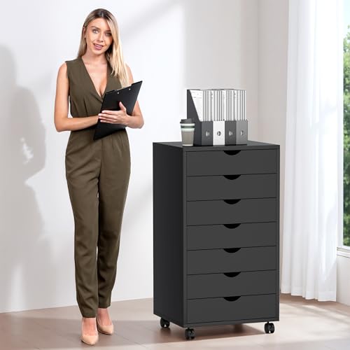 7 Drawer File Cabinet, Under Desk Storage Organization with Wheels, Mobile Filing Chest for Small Desk Printer Stand for Home Office, Black - Thumbnail 4