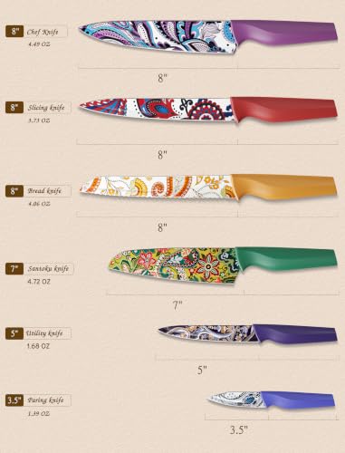 Astercook Paisley Pattern Knife Set with Cover | Dishwasher Safe, 6 Knife Sheath, German Stainless Steel, Rainbow Colorful Design - image 7