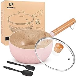 Cazuelas Kuche Juego de cacerolas de 2.1 cuartos con tapa, olla de aluminio antiadherente, ollas de cocina pequeñas compatibles con inducción con espátulas de silicona para leche, sopa, pasta, huevo, arroz (PINK)