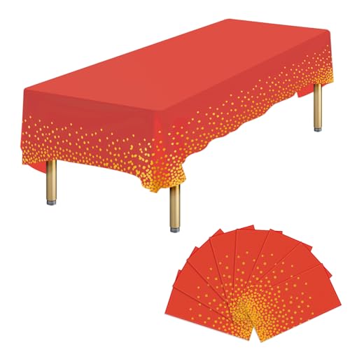 Ammbeetty 8 Packs Red Gold Plastic Tablecloths Rectangular, 54 x 108 Inch