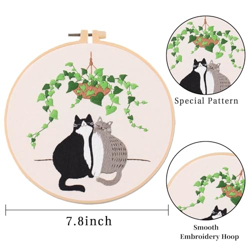 Image of LB Funny Cat Embroidery Kit for Beginners Adults, 3 Sets Hand Embroidery Starter Kit with Floral Pattern and Instructions Stamped Cross Stitch Kits Include Embroidery Hoop Needles Threads Scissors