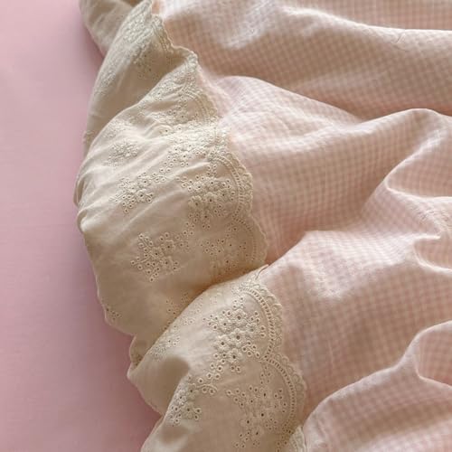Image of MKXI Vintage Floral Duvet Cover Set Twin XL - Pink & White Gingham Check with Lace Border, Soft Washed Microfiber 3-Piece Bedding Set for Girls, Teens & Adults, Princess Cottagecore Style