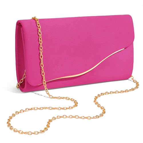 XquiziFit Clutch Purses for Women Formal Evening Clutch with Detachable Chain Faux Suede Purse for Wedding Party Rose Red