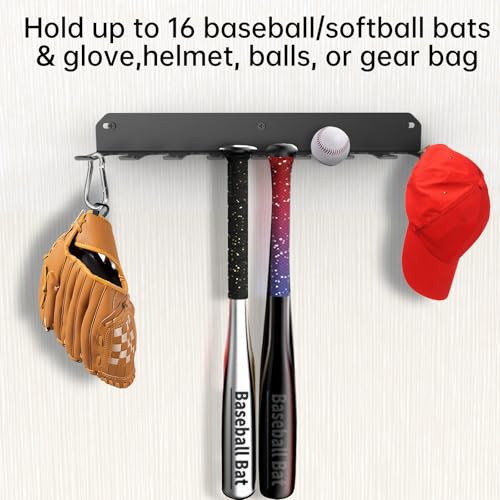 Yuleimy Baseball & Softball Bat Rack Display or Storage, Heavy Duty Steel Wall Mount Bat Holder for 16 Bats, Dugout Fence Clip-On Organizer Hooks for Gear & Gloves, Black, 1 Pack by Yuleimy - Image 2