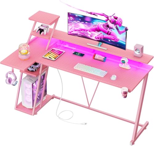 Image of Korfile 55 Inch Gaming Desk with Power Outlet, LED, Monitor Stand, Pink