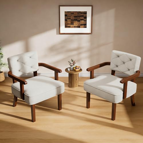 Modern Accent Chairs Set of 2,Butacas para Sala,Mid Century Small Arm Chair,Upholstered Wooden Chairs with Arm Rest,Tufted Backrest,Cushion, for Office,Waiting/Reading/Living Room, Beige