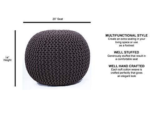 FRELISH DECOR Round Pouf Ottoman Hand Knitted 100% Cotton Pouf Foot Stool - Knitted Bean Bag - Floor Chair for Living Room Bedroom - Foot Rest for Couch (20 Diameter x 14 Height) - Brown