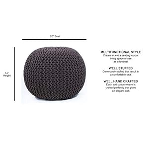 FRELISH DECOR Round Pouf Ottoman Hand Knitted 100 Cotton Pouf Foot Stool Knitted Bean Bag Floor Chair for Living Room Bedroom Foot Rest for Couch 20 Diameter x 14 Height Brown
