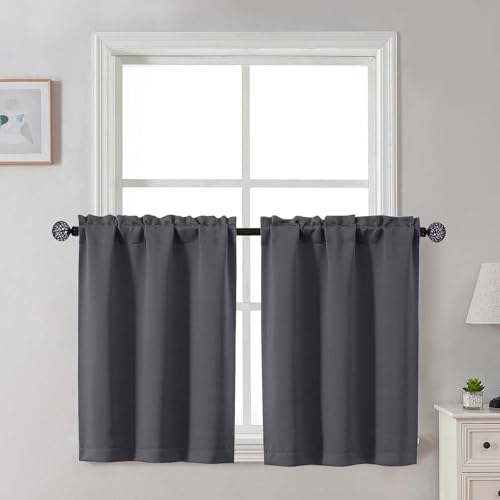Gwine Charcoal Grey Blackout Curtains 30 Inch Length, Short Kitchen Curtains for Bedroom Bathroom Basement, Light Blocking Half Window Tier Window Treatments Rod Pocket, 2 PCS, Each 30' Wx30 L