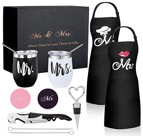 DHQH Mr and Mrs Aprons for Couple,Christmas Gift for Couple,Mr and Mrs Anniversary Gifts，Bridal Shower Gift,Anniversary Wine Glasses for Couple,Wine Tumbler for Wedding Gift