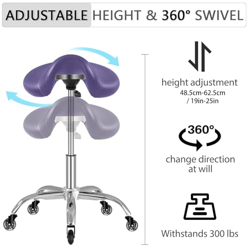 Image of SALONFACTORY Saddle Stool with Wheels 300 lbs Weight Capacity, Heavy Duty Rolling Stool for Medical Massage Salon Kitchen Spa Drafting Nail-Tech,Height Adjustable,360 Swivel,Wide Thick Seat Padding