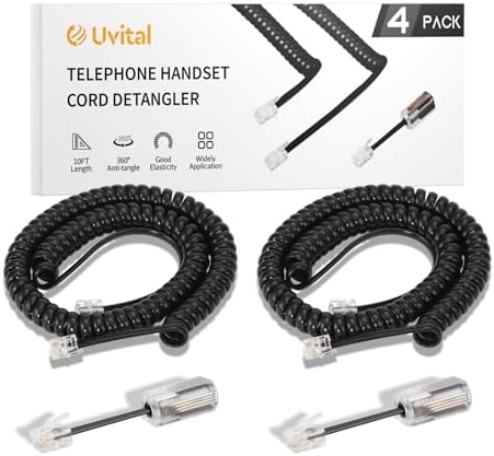 Uvital Phone Handset Cord Detangler for Desk Phone, RJ9 2Pack 10FT Landline Telephone Cord(Coiled Length: 1.2FT) and 2 Pack Anti-Tangle Telephone Wire Untangler, 360° Rotating Swivel, Black