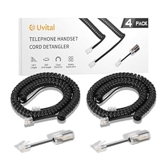Uvital Phone Handset Cord Detangler for Desk Phone, RJ9 2Pack 10FT Landline Telephone Cord(Coiled Length: 1.2FT) and 2 Pack Anti-Tangle Telephone Wire Untangler, 360° Rotating Swivel, Black