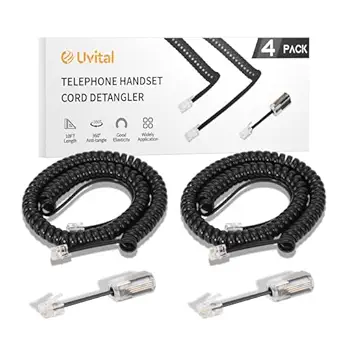 Uvital Phone Handset Cord Detangler for Desk Phone, RJ9 2Pack 10FT Landline Telephone Cord(Coiled Length: 1.2FT) and 2 Pack Anti-Tangle Telephone Wire Untangler, 360° Rotating Swivel, Black