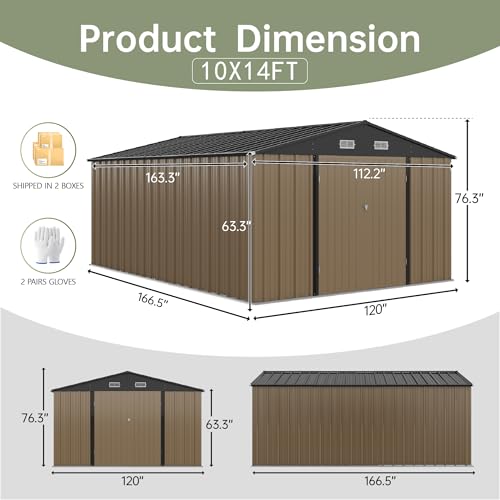 Image of Devoko 10x14 FT Outdoor Storage Shed, Large Metal Storage Sheds with Lockable Door, Utility Garden Tool Shed with Sloping Roof, Outside Steel Storage Sheds for Patio Lawn Backyard, Brown