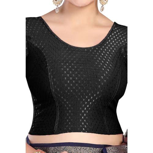 Image of FINESTFIT Round Neck Stretchable Elbow Sleeve Readymade Saree Blouse for Women, 100% Cotton Dobby Fabric