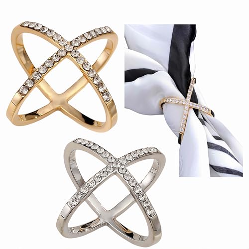 Image of SYWDUDUCLT Scarf Ring for Women's Shawl, Silk Neckerchief, Tshirt, Gold /Sivler, S /M /L, 2 Pcs