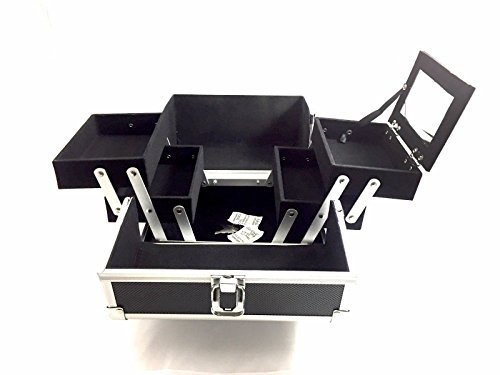 BerucciTM Professional Black 10" Lightweight Aluminum Makeup Artist Organizer Kit with 4 Extendable Trays, Aluminum Trimming, Lock and Keys, and Shoulder Strap