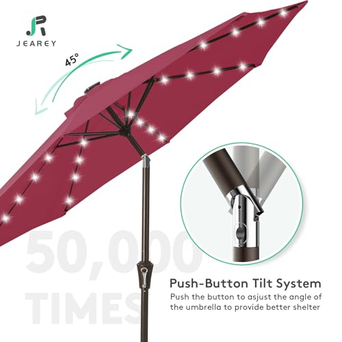 Image of JEAREY 9FT Outdoor Patio Umbrella with Solar Lights, LED Lighted Pool Umbrella with Tilt and Crank, Outdoor Table Umbrellas for Deck, Yard & Market (Burgandy)