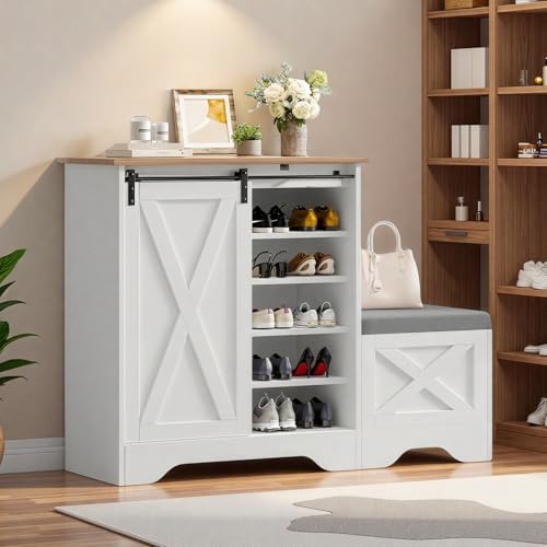 DWVO Farmhouse Shoe Storage Cabinet with Bench, 5-Tier Slim Shoe Cabinet with Adjustable Shelves for 20 Pairs with Sliding Door for Entryway, Hallway, Living Room (White)