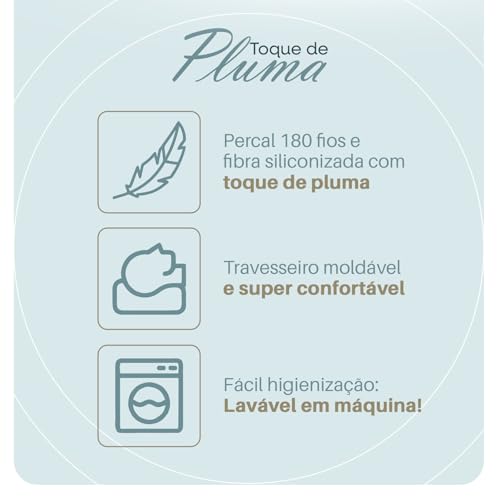 Kit 2 Travesseiros Toque de Pluma Percal 180 Fios – 50x70 cm | Lavável, Antiácaro, Antialérgico, Sup