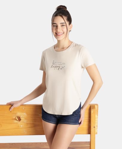 Image of Jockey IW31 Women Micro Modal Fiber Elastane Stretch Relaxed Fit Graphic Print Round Neck Half Sleeve T-Shirt with Curved Hem Styling (Prints May Vary)
