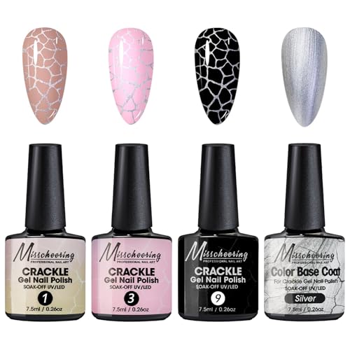 Set De Esmalte De Uñas De Gel De Crackle 4 Colores Esmalte De Uñas En Gel Agrietado De Larga Duración Uv/Led Para Acabado Uñas Efecto Craquelado Para Hogar, Salón De Belleza, Decoracion Uñas