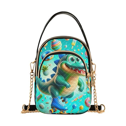 Playful Cute Alligator Blue Single Shoulder Handbags Quilted Phone Purse Chain Strap Handbag Cute Crossbody Clutch Zipper Tote