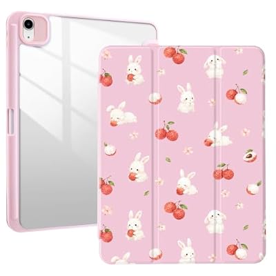 Cute Fruit Rabbit Case for iPad 10.2 Inch 7th / 8th / 9th Generation (2019/2020/2021) Built-in Pencil Holder, Tablet Cover with Acrylic Transparent Back Shell Auto Wake/Sleep,Pink