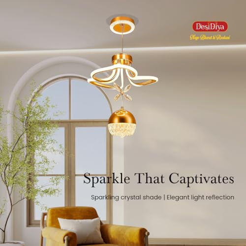 Image of Desidiya Modern LED Crystal Pendant Light Dimmable Elegant Gold Design & 3-Light Modes Ceiling Light Fixture for Living Room, Dining Room, Bedroom Comes with Cystal Butterfly