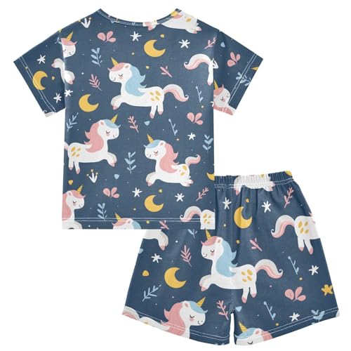 ALAZA Blue Unicorn Moon Cartoon Pajamas Short Sleeve 2 Piece Sleepwear Top and Bottom Pajama Set Unisex2