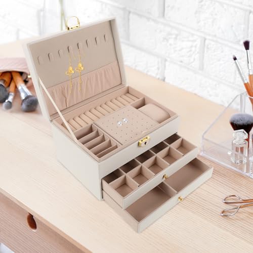 Boîte à bijoux blanche à 3 couches YARNOW avec serrure et compartiments