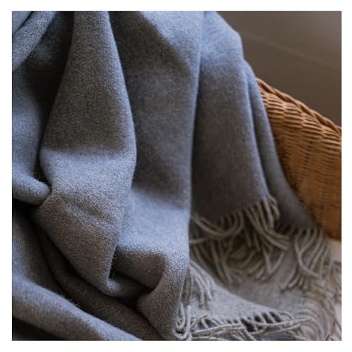 OT ECO Coperta Plaid 140x220, Double Face, 100% Lana Vergine, Invernale, Bicolore Grigio/Blu/Azzurro, Stile Rustico, 140x200(Frange escl.), Caldo Morbido Copriletto, per Poltrona/Divano/Letto