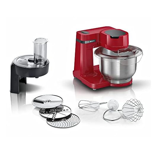 Bosch, MUM Serie 2 keukenmachine, 700 Watt, 4 snelheidsstanden, kom van 3,8 l, garde, roerstaaf en kneedhaak, opzetstuk met 3 snij- en raspschijven, MUMS2ER01, rood