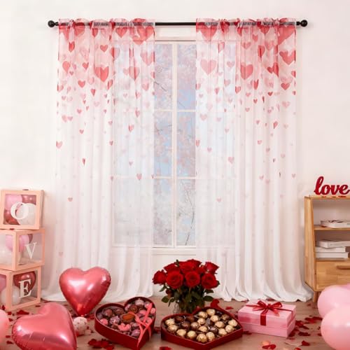 youleyar Valentines Day Sheer Curtains 84 Inches Long 2 Panels Lovers Red Heart Printed Pattern Curtain Rod Pocket Drapes for Bedroom and Home Decor 52 W x 84 L