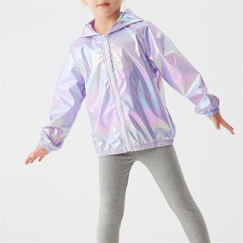 Cromoncent Girls Holographic Shiny Zip Up Hoodie Jacket Sun Protection Lightweight Outerwear, 18 Months - 7 Years3