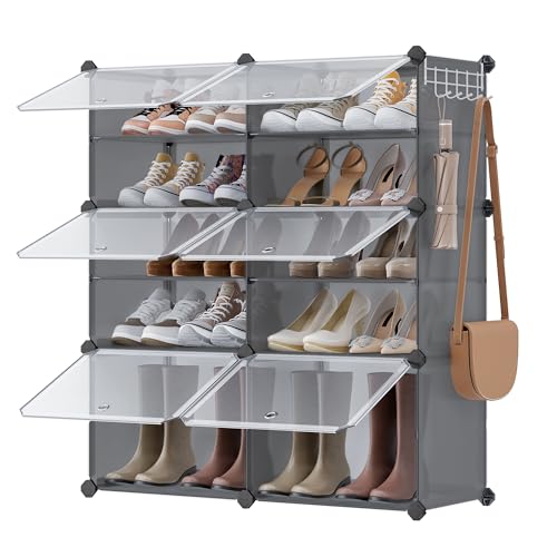SONGMICS Mueble Zapatero Plástico, 6 Compartimentos para 24 Pares de Zapatos, con Puertas, Estructura de Acero y Estantes de Plástico, Armario para Dormitorio, Gris Pizarra y Transparente LPC033G01
