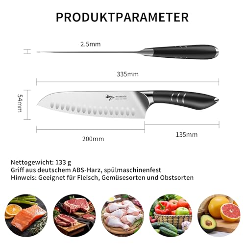 MAD SHARK MAD SHARK Santoku Kochmesser 20cm, Japanisches Küchenmesser aus DeutscheM Molybdän-Vanadium Stahl, Ultrascharf, Ergonomischer Griff - Ideal zum Schneiden, Würfeln, Hacken von Fleisch, Gemüse, Obst - Produktansicht 3 | Küchenmesser